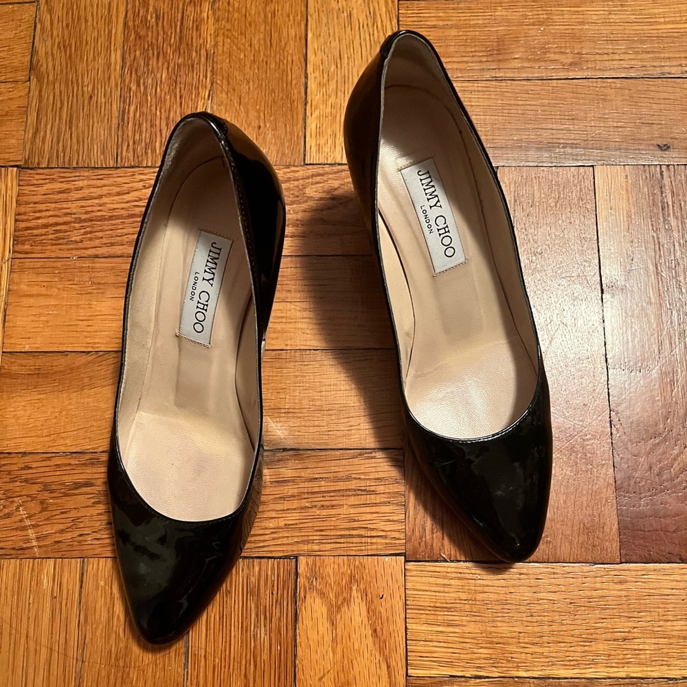Jimmy Choo black patent pumps.
